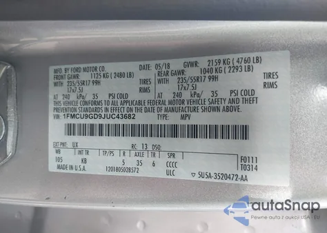 2018 Ford Escape Se z USA, uszkodzony, nr VIN 1FMCU9GD9JUC43682